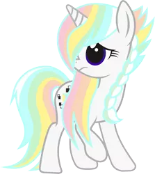 Size: 7013x7845 | Tagged: safe, artist:alphatea, derpibooru import, oc, oc:dimy, unofficial characters only, pony, unicorn, 2019 community collab, derpibooru community collaboration, absurd resolution, braid, female, mare, multicolored hair, rainbow hair, raised hoof, shy, simple background, solo, standing, transparent background