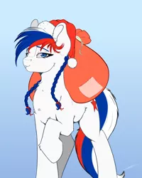 Size: 1800x2250 | Tagged: safe, artist:skitsniga, derpibooru import, oc, oc:marussia, ponified, unofficial characters only, pony, bag, braid, christmas, female, gradient background, hat, holiday, mare, nation ponies, raised hoof, russia, santa hat, santa sack, smiling, solo