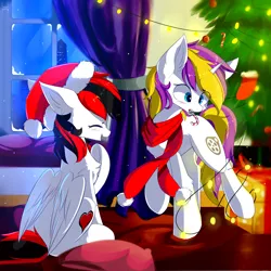 Size: 1800x1800 | Tagged: safe, artist:heddopen, derpibooru import, oc, oc:glittery, oc:sprinkles, unofficial characters only, pegasus, pony, unicorn, candy, candy cane, chest fluff, christmas, christmas tree, clothes, duo, female, food, hat, holiday, mare, present, santa hat, scarf, smiling, snow, tree, winter