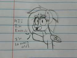 Size: 2576x1932 | Tagged: safe, artist:drheartdoodles, derpibooru import, oc, oc:emerald beats, pegasus, pony, dialogue, doodle, female, filly, grayscale, greetings, happy, lined paper, monochrome, sketch, smol, solo, traditional art