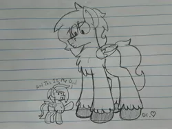 Size: 2576x1932 | Tagged: safe, artist:drheartdoodles, derpibooru import, oc, oc:dr.heart, oc:emerald beats, clydesdale, pegasus, pony, daughter, duo, family, father, father and child, father and daughter, female, filly, grayscale, lined paper, male, monochrome, o3o, size difference, traditional art
