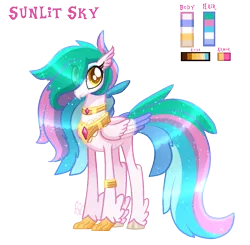 Size: 1189x1165 | Tagged: artist:sugaryicecreammlp, classical hippogriff, cloven hooves, derpibooru import, eye clipping through hair, female, hair over one eye, hippogriff, hippogriff hybrid, hybrid, interspecies offspring, leg rings, oc, oc:sunlit sky, offspring, parent:princess celestia, parent:sky beak, reference sheet, safe, simple background, solo, transparent background, unofficial characters only