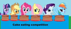 Size: 999x408 | Tagged: 1000 hours in ms paint, alicorn, applejack, artist:arvinsharifzadeh, cake, derpibooru import, eating contest, fluttershy, food, needs more smoothness, pinkie pie, pixelated, rainbow dash, rarity, safe, twilight sparkle, twilight sparkle (alicorn)