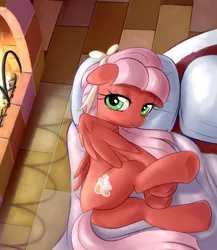 Size: 1106x1272 | Tagged: safe, artist:pestil, derpibooru import, oc, oc:scarlet dawn, unofficial characters only, pegasus, pony, bedroom eyes, blanket, blushing, bow, butt, cutie mark, female, fire, fireplace, floppy ears, from above, hair bow, hair ribbon, image, looking at you, lying, pillow, plot, png, ribbon, rug, smiling, solo, solo female, underhoof, wings