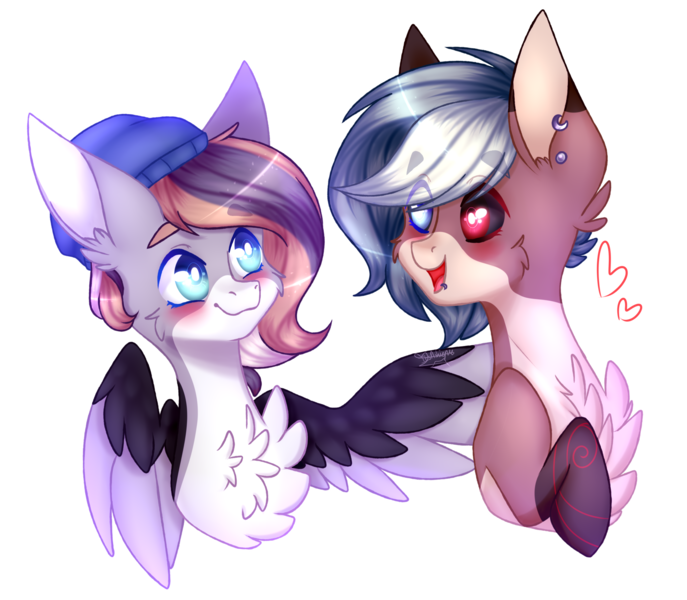 Size: 2492x2175 | Tagged: safe, artist:honeybbear, derpibooru import, oc, oc:sparks, oc:theo, unofficial characters only, pegasus, pony, background removed, beanie, black sclera, bust, chest fluff, hat, heterochromia, male, portrait, simple background, stallion, transparent background