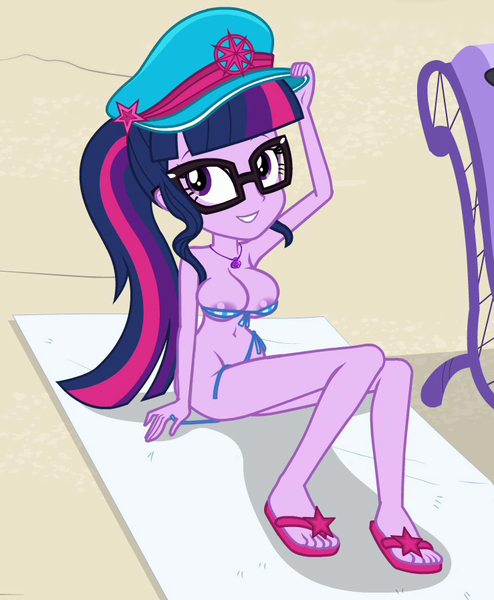 Size: 739x897 | Tagged: questionable, derpibooru import, edit, edited screencap, editor:mlp-gft, screencap, sci-twi, twilight sparkle, equestria girls, equestria girls series, forgotten friendship, areola, areola slip, armpits, beach, beach babe, beach towel, big breasts, bikini, breast edit, breasts, busty sci-twi, busty twilight sparkle, captain hat, cleavage, clothes, cropped, feet, female, flip-flops, geode of telekinesis, glasses, hat, inverted mouth, legs, magical geodes, nipples, nudity, ponytail, sandals, solo, solo female, swimsuit, wardrobe malfunction