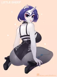 Size: 2986x4028 | Tagged: alternate hairstyle, anthro, artist:littlesheep, ass, breasts, busty rarity, butt, clothes, derpibooru import, female, high heels, lingerarity, lingerie, looking at you, looking back, looking back at you, nail polish, plantigrade anthro, rarithighs, rarity, rearity, sexy, shoes, short hair, solo, suggestive, thick, thighs