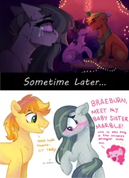 Size: 622x855 | Tagged: safe, artist:dino_horse, artist:dreamscapevalley edits, deleted from derpibooru, derpibooru import, edit, big macintosh, braeburn, marble pie, pinkie pie, sugar belle, best gift ever, aftermath, blushing, braeble, cute, female, good end, heartbroken marble, introduction, male, nuzzling, ship sinking, shipper on deck, shipper pie, shipping, shipping denied, shy, side chick, smiling, sometime later..., straight, sugarmac