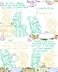 Size: 1280x1611 | Tagged: safe, artist:adorkabletwilightandfriends, derpibooru import, bon bon, lyra heartstrings, sweetie drops, earth pony, pony, unicorn, comic:adorkable twilight and friends, adorkable, adorkable friends, bowl, broccoli, cake, carrot, christmas, christmas decoration, clothes, comic, cookie, cupcake, cute, dinner, dork, feast, food, hat, hearth's warming, hearth's warming eve, holiday, humor, lineart, muffin, pea, platter, santa hat, scarf, sweater, throwing, vegetables