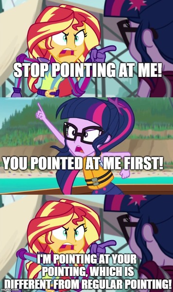 Size: 500x843 | Tagged: safe, derpibooru import, edit, edited screencap, screencap, sci-twi, sunset shimmer, twilight sparkle, equestria girls, equestria girls series, friendship games, the salty sails, angry, caption, clothes, comic, crossing the memes, exploitable meme, glasses, image macro, lifejacket, meme, motorcross outfit, pointing, screencap comic, spider-man points at spider-man, spider-man: into the spider-verse, sunset yells at twilight, text