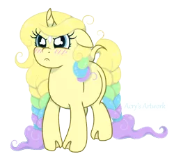 Size: 720x665 | Tagged: safe, artist:acry-artwork, derpibooru import, oc, oc:acry, oc:acry weaver, pony, unicorn, blushing, braid, braided tail, cloven hooves, curved horn, horn, simple background, transparent background