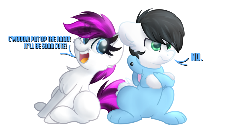 Size: 1920x1080 | Tagged: safe, artist:littleblackraencloud, derpibooru import, oc, oc:blitz flame, oc:ember frost, unofficial characters only, pony, animal costume, bunny costume, clothes, commission, costume, cute, dialogue, duo, easter, easter bunny, female, grumpy, holiday, male, mare, no, simple background, stallion, transparent background, ych result