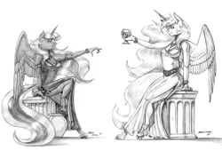 Size: 1936x1313 | Tagged: alcohol, alicorn, anthro, artist:baron engel, black and white, bracelet, breasts, cleavage, clothes, derpibooru import, dress, duo, female, glass, goddess, grayscale, horn, horn jewelry, jewelry, mare, monochrome, necklace, pencil drawing, princess celestia, princess luna, royal sisters, safe, siblings, side slit, simple background, sisters, sitting, sketch, smiling, traditional art, unguligrade anthro, white background, wine, wine glass