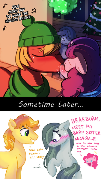 Size: 622x1107 | Tagged: safe, artist:dreamscapevalley edits, artist:lumineko, derpibooru import, edit, big macintosh, braeburn, marble pie, pinkie pie, sugar belle, best gift ever, aftermath, blushing, braeble, cute, female, good end, heartbroken marble, introduction, male, nuzzling, ship sinking, shipper on deck, shipper pie, shipping, shipping denied, shy, side chick, smiling, sometime later..., straight, sugarmac