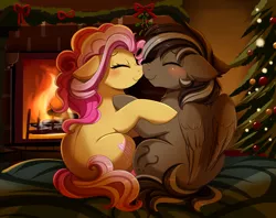 Size: 3030x2400 | Tagged: safe, artist:pridark, derpibooru import, oc, unofficial characters only, earth pony, pegasus, pony, blushing, boop, christmas, christmas tree, commission, cute, daaaaaaaaaaaw, eyes closed, female, fireplace, holiday, male, mare, noseboop, oc x oc, shipping, smiling, stallion, straight, tree