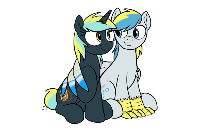 Size: 3000x2000 | Tagged: safe, artist:selenophile, derpibooru import, oc, oc:cirrus sky, oc:electro current, unofficial characters only, hippogriff, pony, unicorn, 2019 community collab, derpibooru community collaboration, cirrent, female, hug, looking at each other, male, oc x oc, shipping, simple background, straight, transparent background, winghug