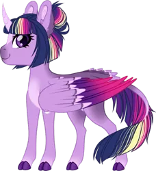 Size: 681x746 | Tagged: safe, artist:sweethearttarot, derpibooru import, twilight sparkle, twilight sparkle (alicorn), alicorn, classical unicorn, pony, unicorn, alternate design, alternate hairstyle, butt feathers, cloven hooves, curved horn, female, headcanon, horn, leonine tail, nextgen:tarotverse, rainbow power, short hair, solo, tail feathers, tarotverse, unshorn fetlocks