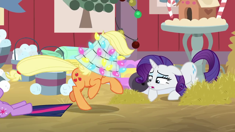 Size: 1280x720 | Tagged: alicorn, applejack, candy, candy cane, christmas, christmas lights, derpibooru import, food, hay, holiday, rarity, safe, screencap, the great escape room, twilight sparkle, twilight sparkle (alicorn)