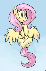 Size: 1242x1920 | Tagged: safe, artist:benja, derpibooru import, fluttershy, pegasus, pony, cute, female, flying, hooves to the chest, looking away, looking sideways, mare, shyabetes, signature, sky, solo, spread wings, wings