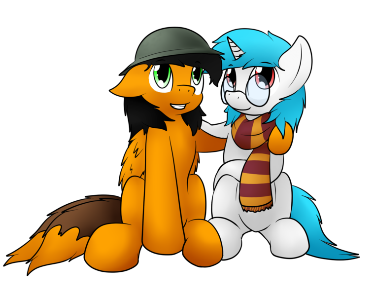 Size: 1610x1273 | Tagged: safe, artist:the-furry-railfan, derpibooru import, oc, oc:minty candy, oc:twintails, unofficial characters only, pegasus, pony, unicorn, 2019 community collab, derpibooru community collaboration, brodie helmet, clothes, glasses, helmet, scarf, simple background, transparent background