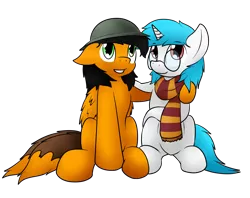 Size: 1610x1273 | Tagged: safe, artist:the-furry-railfan, derpibooru import, oc, oc:minty candy, oc:twintails, unofficial characters only, pegasus, pony, unicorn, 2019 community collab, derpibooru community collaboration, brodie helmet, clothes, glasses, helmet, scarf, simple background, transparent background