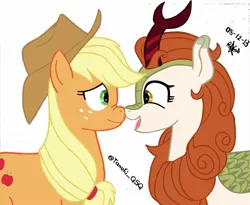 Size: 1280x1048 | Tagged: safe, artist:kobato98, color edit, derpibooru import, edit, applejack, autumn blaze, earth pony, kirin, pony, sounds of silence, autumnjack, boop, colored, eye contact, female, freckles, hat, horn, lesbian, looking at each other, nose to nose, nose wrinkle, noseboop, shipping, simple background, white background