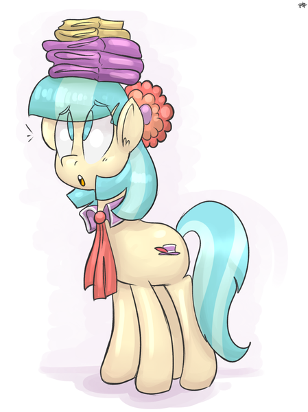 Size: 1280x1710 | Tagged: safe, artist:benja, derpibooru import, coco pommel, pony, balancing, eye clipping through hair, no pupils, open mouth, signature, solo