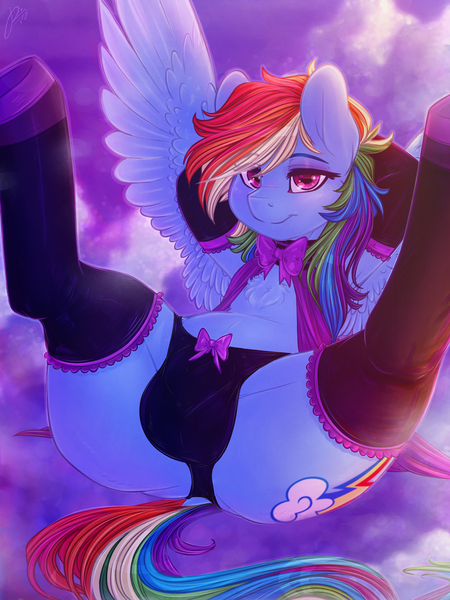 Size: 2550x3400 | Tagged: questionable, artist:dimwitdog, derpibooru import, rainbow dash, pegasus, pony, armpits, blushing, bow, butt, chest fluff, clothes, cloud, cloudy, crotch bulge, cutie mark, dock, evening gloves, eyeshadow, futa, futa rainbow dash, gloves, intersex, lingerie, long gloves, looking at you, makeup, nudity, panties, plot, sheath, socks, solo, solo futa, spread wings, stockings, thigh highs, tongue out, underwear, wings
