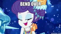 Size: 600x337 | Tagged: suggestive, derpibooru import, edit, edited screencap, screencap, rarity, equestria girls, equestria girls series, the other side, bedroom eyes, bend over, caption, image macro, meme, out of context, text