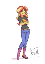 Size: 1024x1449 | Tagged: safe, artist:jurill, derpibooru import, sunset shimmer, equestria girls, belt, boots, clothes, crossed arms, geode of empathy, image, jeans, jpeg, magical geodes, pants, shoes, signature, simple background, smiling, solo, white background