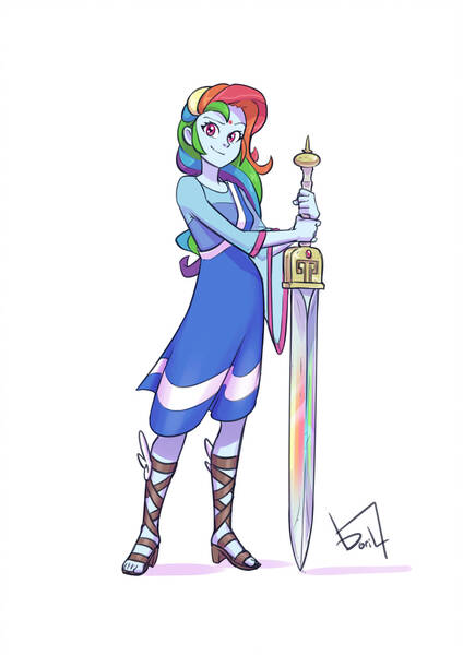 Size: 1600x2264 | Tagged: safe, artist:jurill, derpibooru import, rainbow dash, equestria girls, alternate hairstyle, alternate universe, bindi, feet, image, jpeg, looking at you, sandals, signature, simple background, solo, sword, weapon, white background