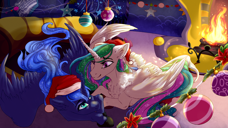 Size: 2000x1125 | Tagged: safe, artist:castaspellliana, derpibooru import, princess celestia, princess luna, alicorn, pony, chest fluff, christmas, female, fire, fireplace, hat, holiday, mare, royal sisters, santa hat, smiling