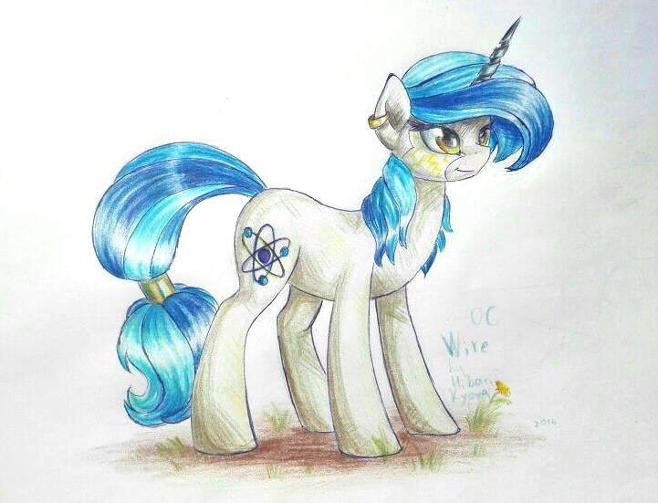 Size: 721x551 | Tagged: safe, artist:hilloty, derpibooru import, oc, oc:wire, pony, gold, science, solo, traditional art