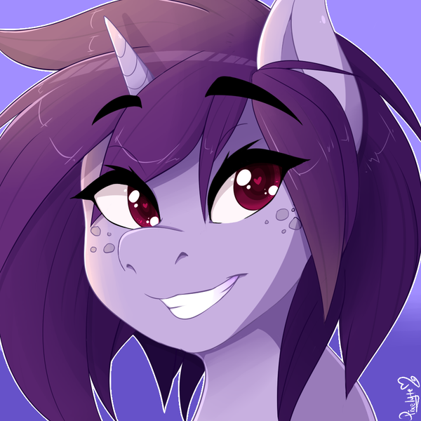 Size: 1000x1000 | Tagged: safe, artist:pixelyte, derpibooru import, oc, unofficial characters only, pony, unicorn, bust, commission, eye clipping through hair, female, floating eyebrows, freckles, gradient background, heart eyes, looking at you, mare, smiling, solo, wingding eyes