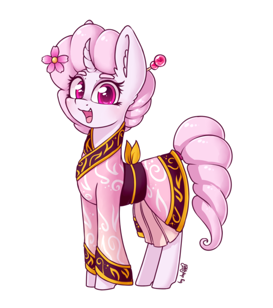 Size: 1600x1800 | Tagged: safe, artist:dsp2003, derpibooru import, oc, oc:sakuragi-san, unofficial characters only, pony, unicorn, 2019 community collab, derpibooru community collaboration, blushing, clothes, curved horn, cute, female, flower, flower in hair, horn, kimono (clothing), looking at you, mare, open mouth, signature, simple background, solo, standing, transparent background, updated