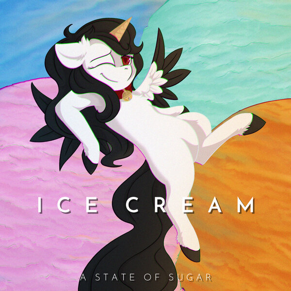 Size: 1200x1200 | Tagged: album cover, alicorn, alicorn oc, artist:obscuredragone, a state of sugar, belly, black mane, choker, chromatic aberration, derpibooru import, fluffy, food, happy, hooves, horn, horse, ice cream, ice cream cone, minimalist, modern art, oc, oc:princess sugar, one eye closed, red eyes, safe, smiling, solo, tail, text, wings, wink