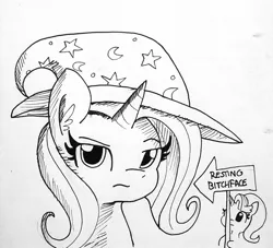 Size: 1385x1256 | Tagged: safe, artist:tjpones, derpibooru import, starlight glimmer, trixie, pony, unicorn, black and white, clothes, female, grayscale, hat, lineart, mare, monochrome, resting bitch face, sign, trixie's hat, vulgar