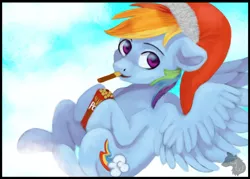 Size: 1024x732 | Tagged: safe, artist:jazzwolf347, artist:jazzwolfblaze, derpibooru import, rainbow dash, pegasus, pony, backwards cutie mark, biting, box, christmas, cloud, cute, dashabetes, food, hat, holiday, image, jpeg, looking at you, on a cloud, pocky, santa hat, sitting, sitting on cloud, solo, wings