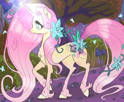 Size: 1452x1197 | Tagged: safe, artist:seafoamkitten, derpibooru import, fluttershy, butterfly, pony, unicorn, leak, spoiler:g5, chest fluff, cutie mark, ear fluff, female, flower, flower in hair, fluttershy (g5), forest, g5, long mane, mare, path, smiling, solo, unshorn fetlocks, walking