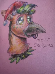 Size: 1115x1486 | Tagged: artist needed, source needed, safe, derpibooru import, oc, oc:ralek, unofficial characters only, gryphon, :p, :t, bust, cheek fluff, christmas, collar, eye shimmer, hat, holiday, it chrismas, merry christmas, misspelling, neck fluff, santa hat, silly, solo, spiked collar, tongue out, traditional art