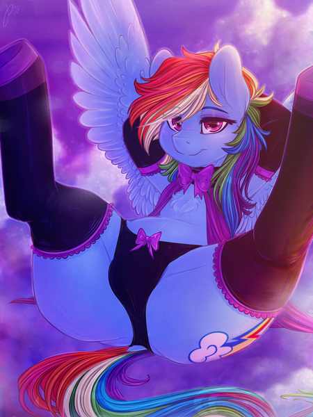 Size: 2550x3400 | Tagged: questionable, alternate version, artist:dimwitdog, derpibooru import, rainbow dash, pegasus, pony, alternate hairstyle, anus cameltoe, armpits, black underwear, blushing, bow, bowtie, butt, chest fluff, clothes, cloud, cloudy, cutie mark, dock, evening gloves, explicit source, eyeshadow, female, gloves, lingerie, long gloves, looking at you, makeup, mare, nudity, on back, open mouth, panties, plot, rainbow dash always dresses in style, ribbon, sexy, socks, solo, solo female, spread wings, stockings, stupid sexy rainbow dash, thigh highs, tongue out, underwear, wings