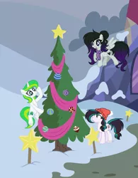 Size: 1024x1310 | Tagged: safe, artist:misskitkat2002, derpibooru import, oc, oc:dream catcher, oc:elijah, oc:emerald, unofficial characters only, earth pony, pegasus, pony, unicorn, christmas, christmas tree, clothes, female, holiday, mare, scarf, snow, tree