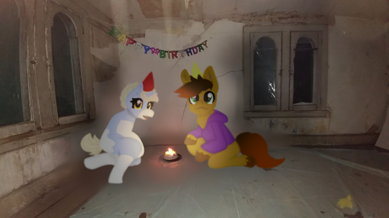 Size: 1280x720 | Tagged: safe, artist:nootaz, derpibooru import, oc, oc:nootaz, oc:twitchyylive, unofficial characters only, pony, unicorn, birthday cake, cake, clothes, commission, cursed, cursed image, duo, food, fursuit, happy birthday, hat, hoodie, irl, looking at you, male, party hat, photo, ponies in real life, stallion, unshorn fetlocks