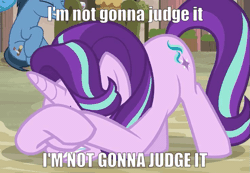 Size: 735x508 | Tagged: safe, derpibooru import, edit, edited screencap, editor:axal-5, screencap, starlight glimmer, pony, unicorn, to where and back again, animated, anxiety, caption, cowering, cutie mark, face down ass up, female, frightened, gif, gritted teeth, image macro, loop, mare, meme, panic attack, ptsd glimmer, scared, shivering, text, text edit, trembling