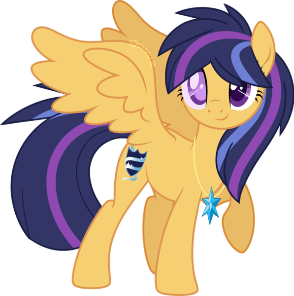 Size: 600x603 | Tagged: safe, artist:shiiazu, derpibooru import, oc, oc:nova star sparkle, unofficial characters only, pegasus, pony, base used, blind, colored pupils, cutie mark, element of magic, female, jewelry, looking at you, necklace, next generation, offspring, parent:flash sentry, parent:twilight sparkle, parents:flashlight, raised hoof, signature, simple background, smiling, solo, transparent background, wings