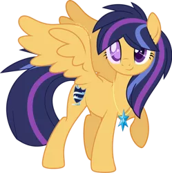 Size: 600x603 | Tagged: safe, artist:shiiazu, derpibooru import, oc, oc:nova star sparkle, unofficial characters only, pegasus, pony, base used, blind, colored pupils, cutie mark, element of magic, female, jewelry, looking at you, necklace, next generation, offspring, parent:flash sentry, parent:twilight sparkle, parents:flashlight, raised hoof, signature, simple background, smiling, solo, transparent background, wings