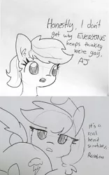 Size: 1287x2062 | Tagged: suggestive, artist:tjpones, derpibooru import, edit, applejack, rainbow dash, earth pony, pegasus, pony, appledash, black and white, butt, deadpan, dialogue, female, grayscale, implied cunnilingus, implied oral, implied sex, lesbian, lewd, lineart, mare, monochrome, plot, shipping, simple background, traditional art