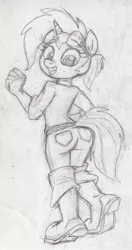 Size: 674x1272 | Tagged: safe, artist:dertikleen, derpibooru import, oc, oc:golden gear, unofficial characters only, anthro, plantigrade anthro, unicorn, ass, boots, butt, clothes, looking back, monochrome, shoes, solo, traditional art