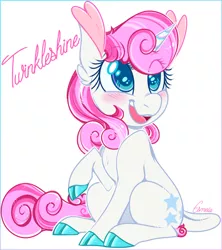 Size: 670x754 | Tagged: safe, artist:esmeia, derpibooru import, twinkleshine, classical unicorn, pony, unicorn, blushing, cloven hooves, cute, female, leonine tail, mare, smiling, solo, unshorn fetlocks