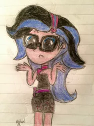 Size: 2448x3264 | Tagged: safe, artist:michaelmaddox222, deleted from derpibooru, derpibooru import, oc, oc:indigo shadow, human, equestria girls, bow, clothes, female, glasses, headband, heart, lined paper, looking at you, scarf, shrug, signature, solo, traditional art